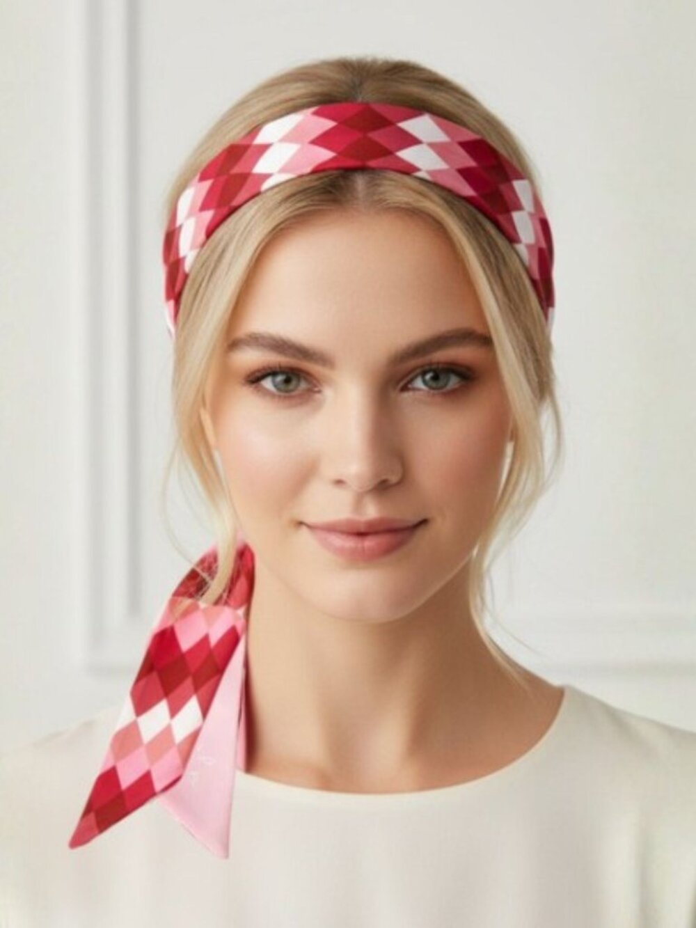 Slim Scarf Red Pink Argyle 34in Preppy Retro Coquette Hair Neck Tie No 49